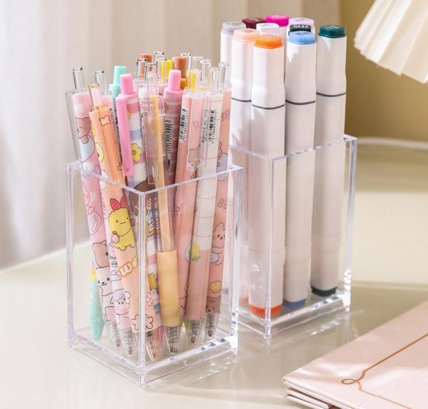 2 Pack Clear Acrylic Desktop Pen Pencil Holder,Makeup Brushes Storage Cup,Office Stationery Organizer - Image 2