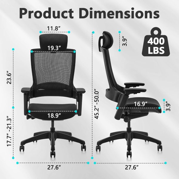 CLATINA Ergonomic High Swivel Executive Chair with Adjustable Height Head 3D Arm Rest Lumbar Support and Upholstered Back for Home Office Black Mesh/High Back - Image 3