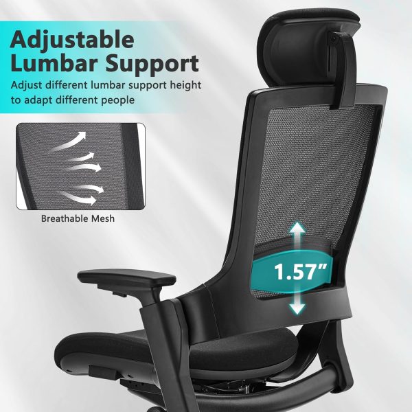 CLATINA Ergonomic High Swivel Executive Chair with Adjustable Height Head 3D Arm Rest Lumbar Support and Upholstered Back for Home Office Black Mesh/High Back - Image 6